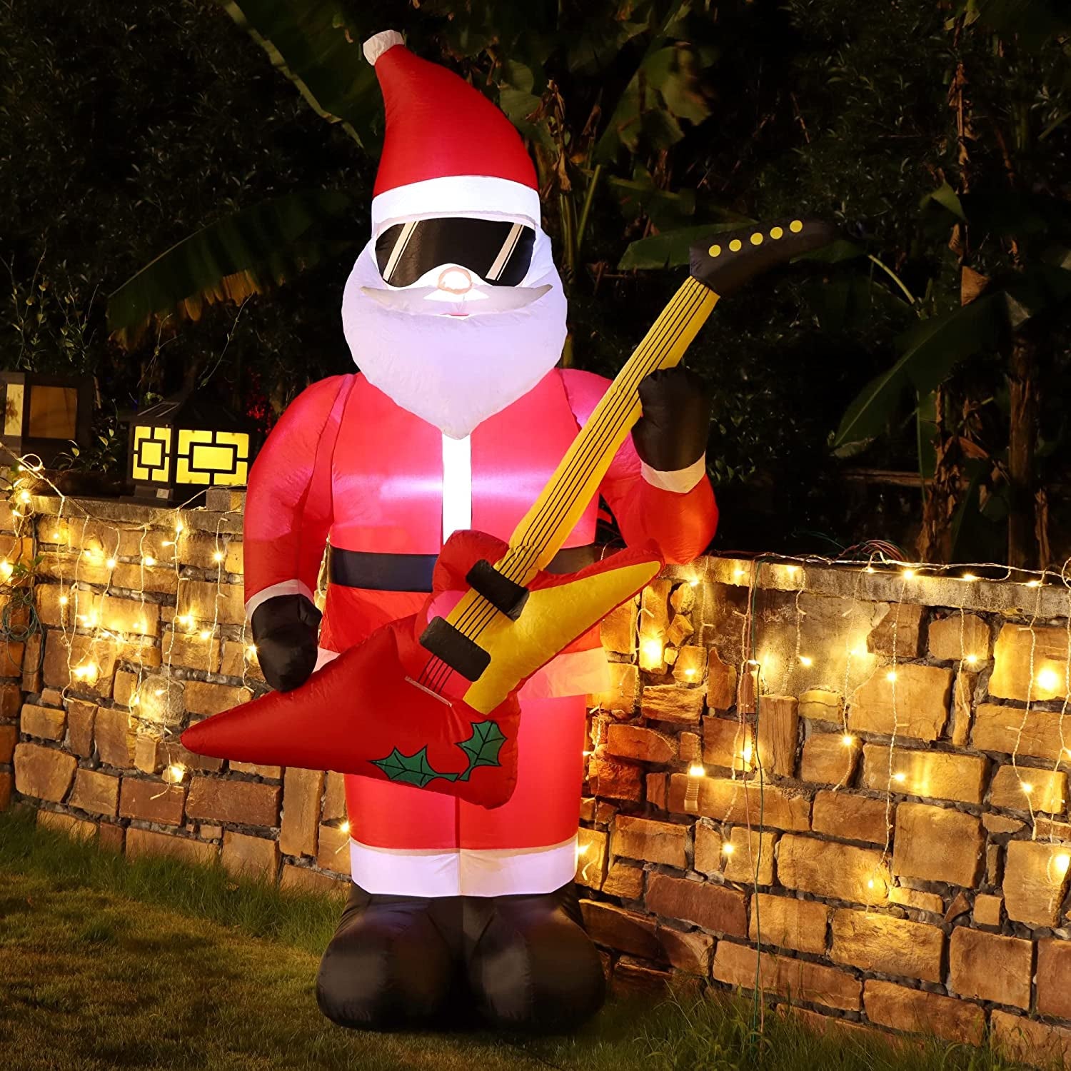 7 FT Christmas Inflatable Santa Claus with Bass Guitar, Blow up Santa Wearing Sunglasses, Unique Lighted Xmas Decorations for Indoor Outdoor Yard Garden Lawn Holiday Party Decor