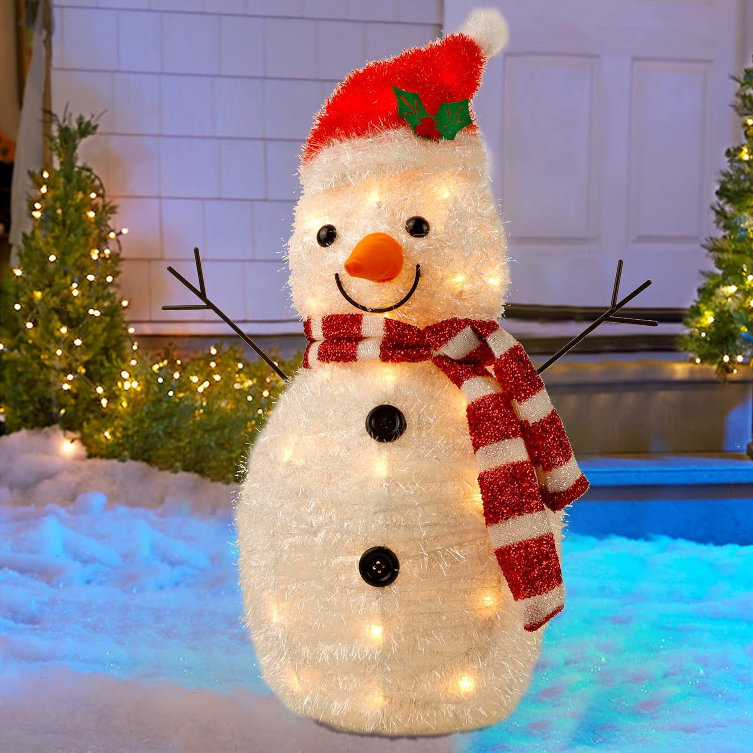 22 Inch Lighted Christmas Tinsel Snowman Decorations, Pre-Lit Light up with 25 Count Clear Incandescent Lights, Indoor or Outdoor Garden Yard Lawn Festive Holiday Decoration