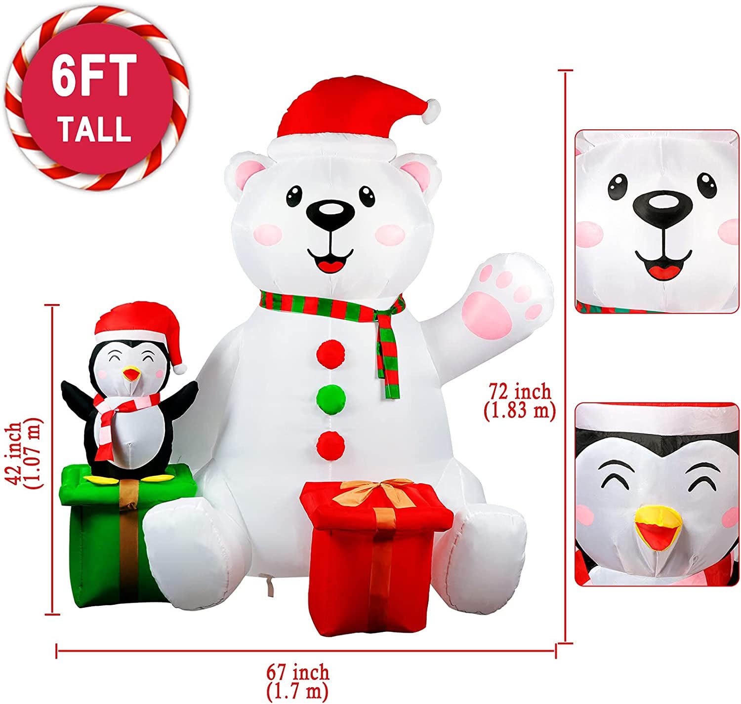 6 Ft Christmas Inflatables Outdoor Decorations, LED Light up Polar Bear and Penguin Inflatable Christmas Blow up Yard Decorations for Garden Lawn Indoor Xmas Holiday Party Decor