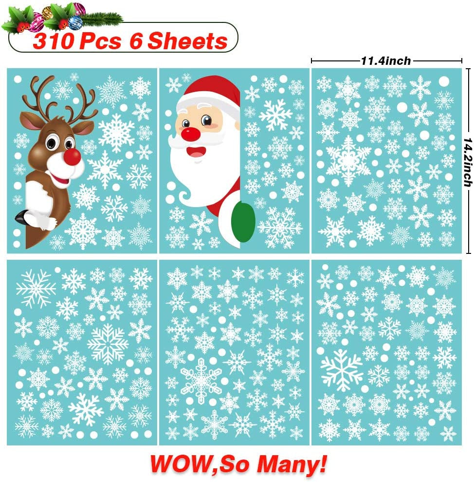 310Pcs Christmas Window Clings Christmas Window Decorations Xmas Window Flakes Christmas Decals for Home Deer Santa Claus and Snowflakes