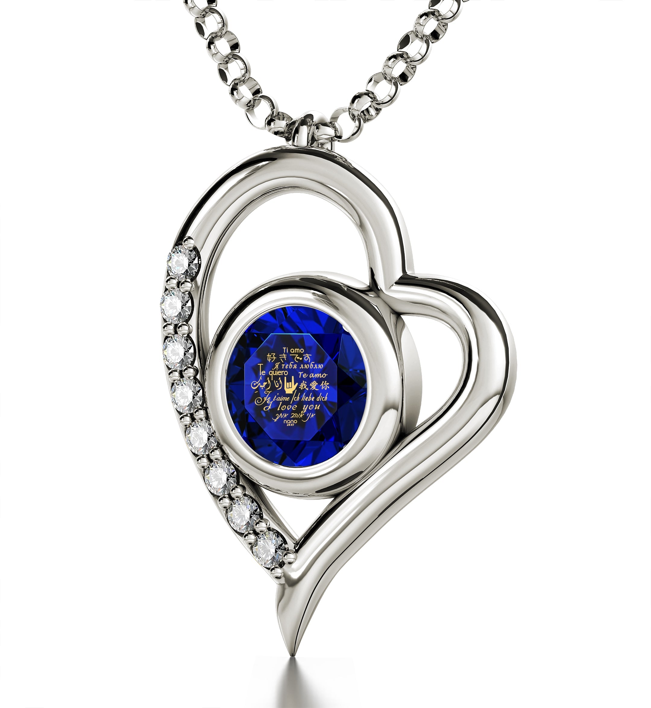 Close-up of a 925 Sterling Silver I Love You Heart Pendant Necklace with a blue gemstone engraved with "i love you" in multiple languages, encased in a silver setting.