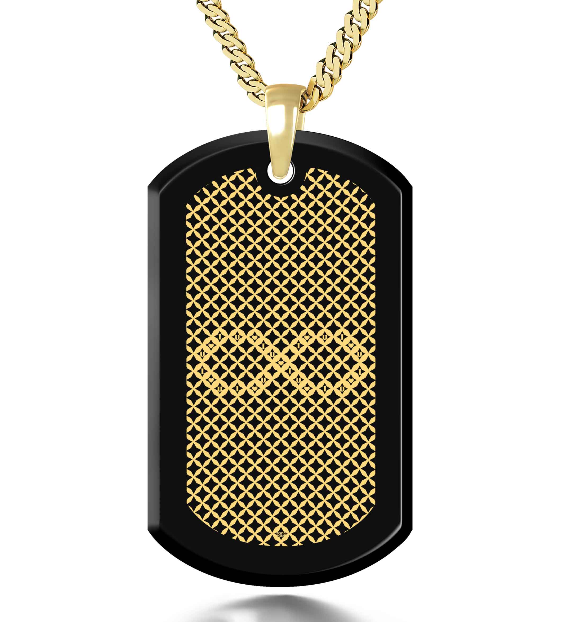 Men’s Dog Tag Necklace Infinity Pendant 24k Gold Inscribed Onyx Stone with a geometric pattern displayed frontally.