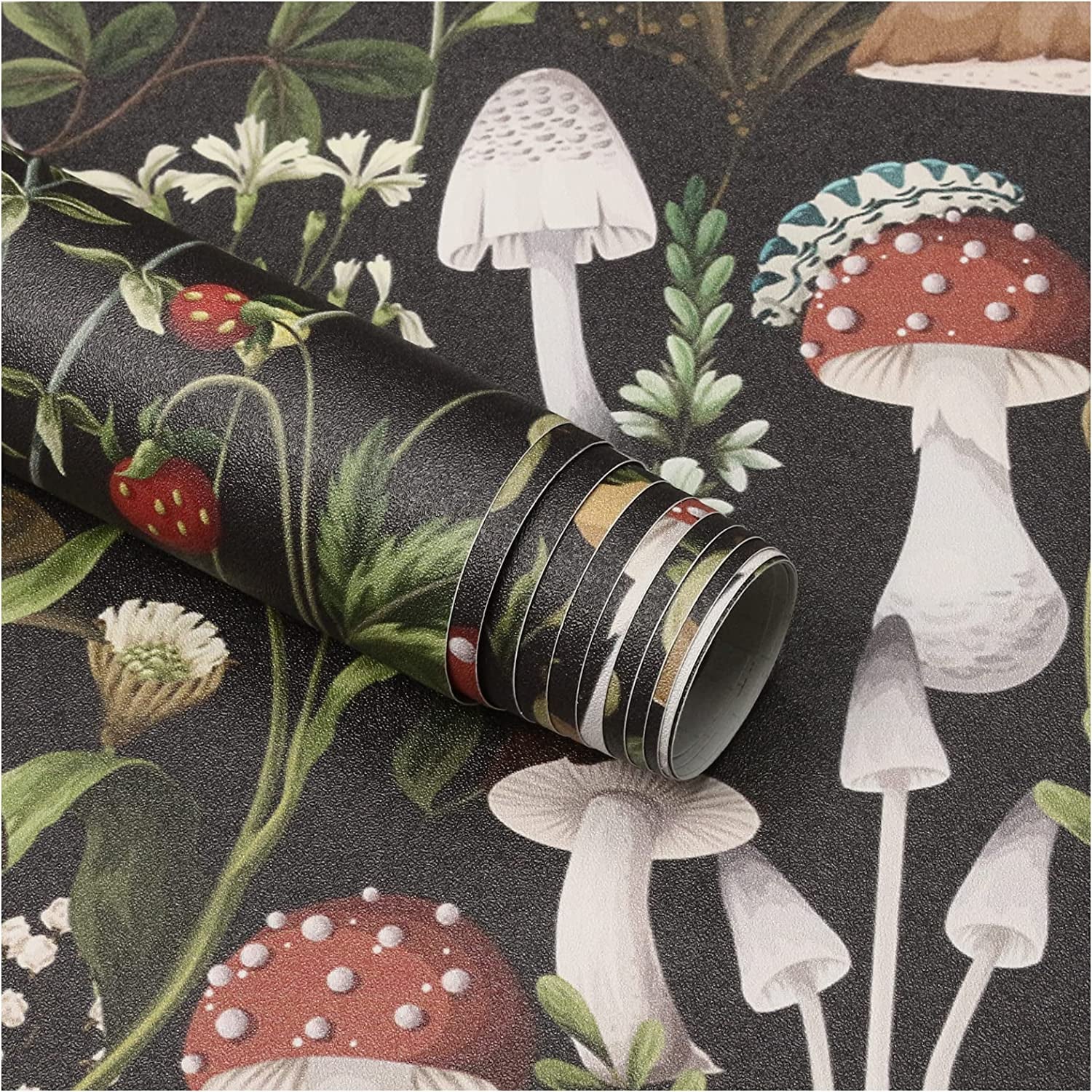 HAOKHOME 93279 Peel and Stick Wallpaper Boho Mushroom Removable Stick on Forest Contact Paper for Bathroom Black/Brown/Green 17.7In X 9.8Ft