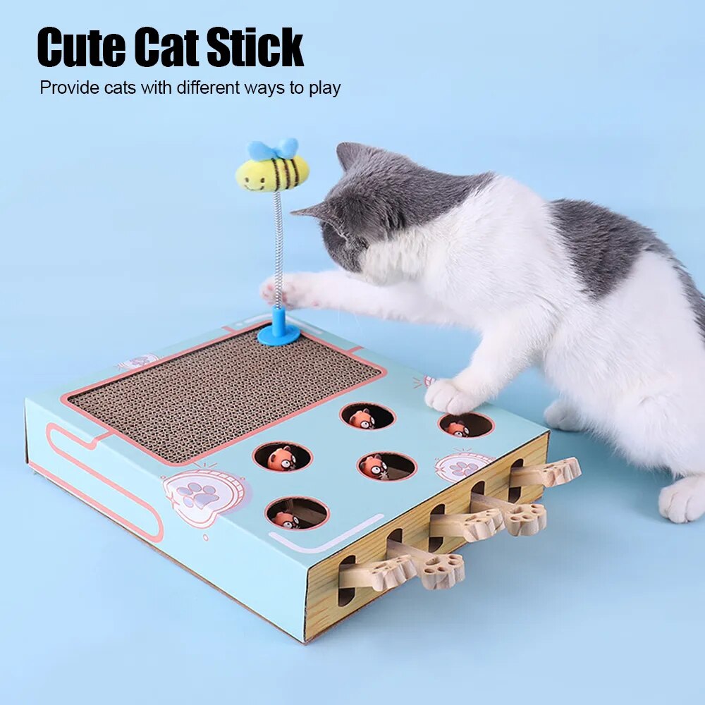 A kitten is sitting on top of a FelinFun Triple Treat Cat Toy, guaranteeing exercise and reducing kitten boredom.