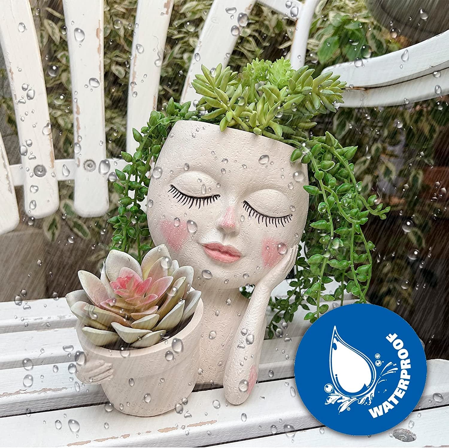 Face Plant Pot - Double Flower Pots for Indoor Outdoor Plants Resin Head Planter with Drainage Hole Cute Lady Face Plant Pots, Garden Decoration Planters, Medium