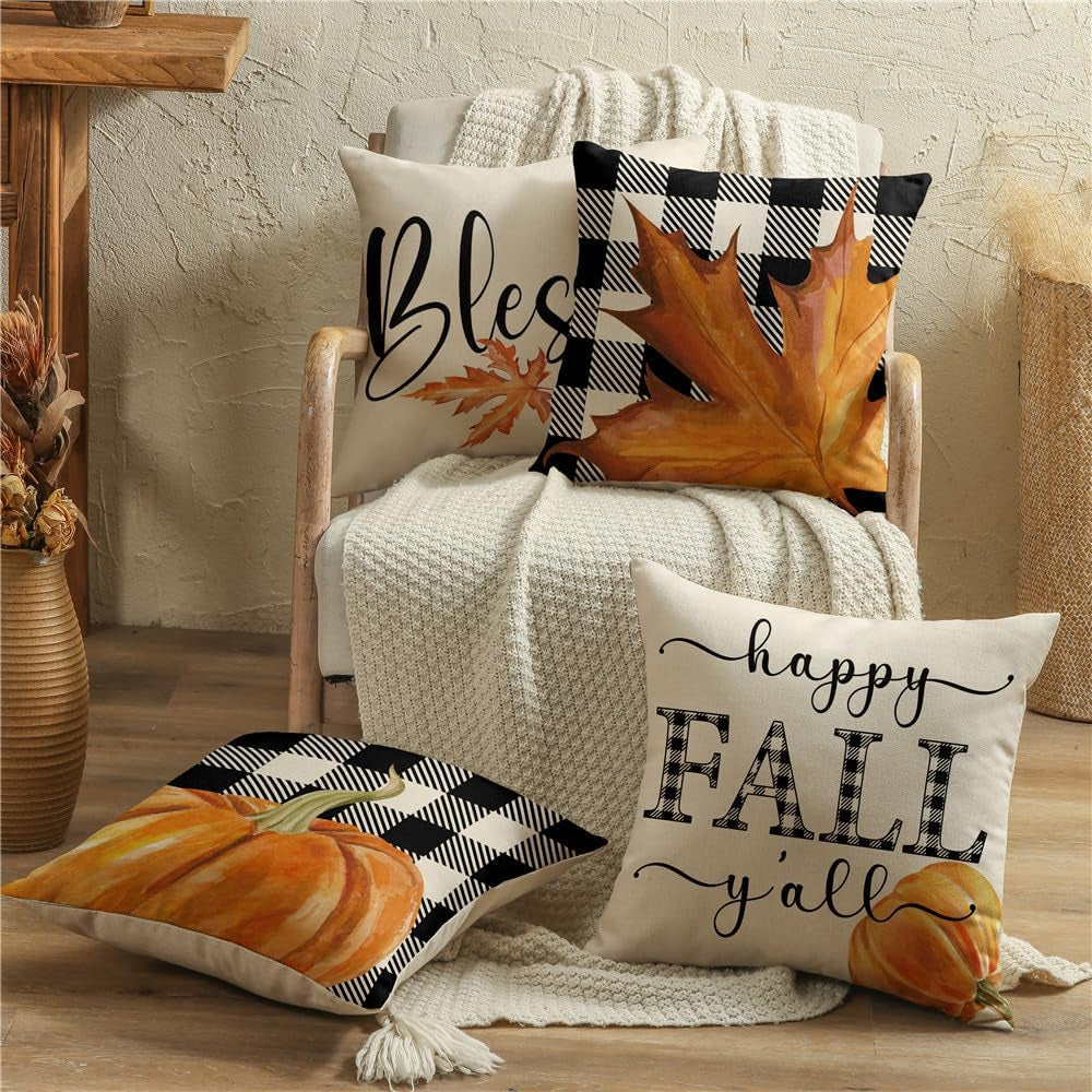 Fall Pillow Covers 18×18 Set of 4 Fall Decorations Autumn Pillow Covers Buffalo Plaid Pumpkin Pillow Covers Holiday Rustic Linen Fall Pillow Case for Sofa Couch