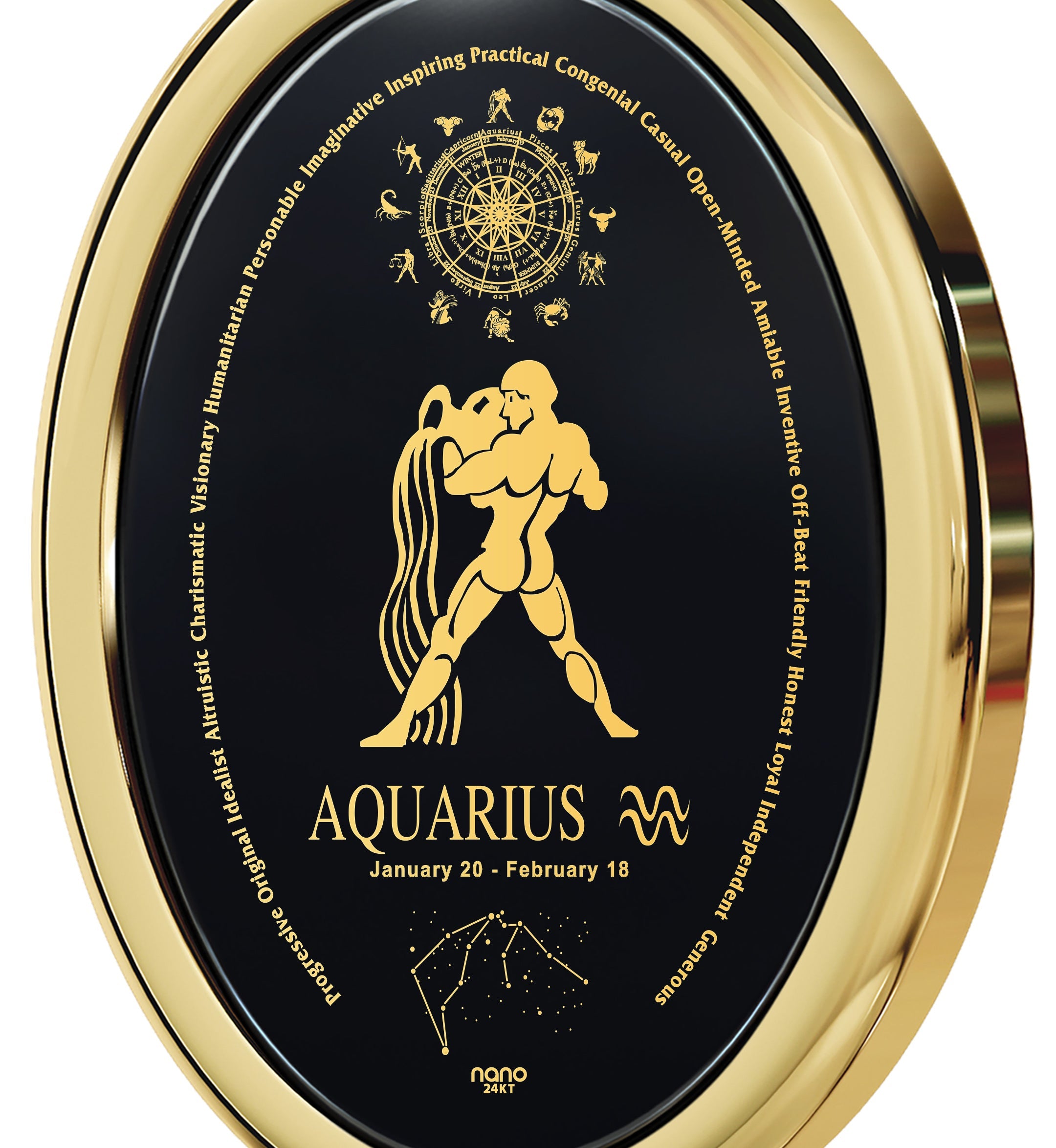 Circular design of an Aquarius Necklace Zodiac Pendant on a necklace featuring the water-bearer symbol and constellation with decorative elements and texts detailing personality traits, all beautifully crafted in 24k gold inscribed on Onyx Stone.