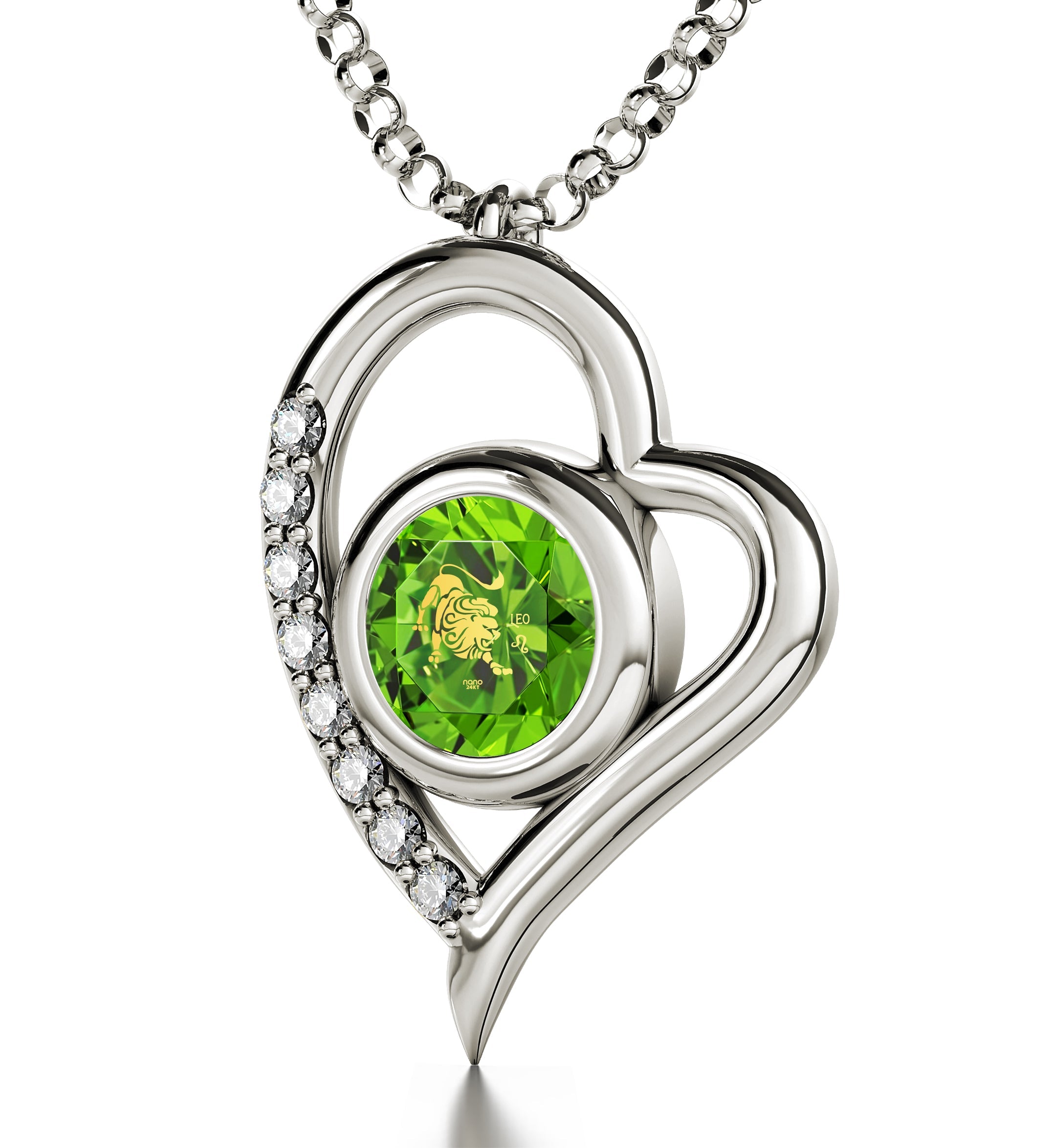 925 Sterling Silver Leo Necklace Zodiac Heart Pendant 24k Gold Inscribed on Crystal heart-shaped pendant necklace with "Leo" sign, adorned with Swarovski crystals, featuring a green inset and a tag labeled "nano jewelry.
