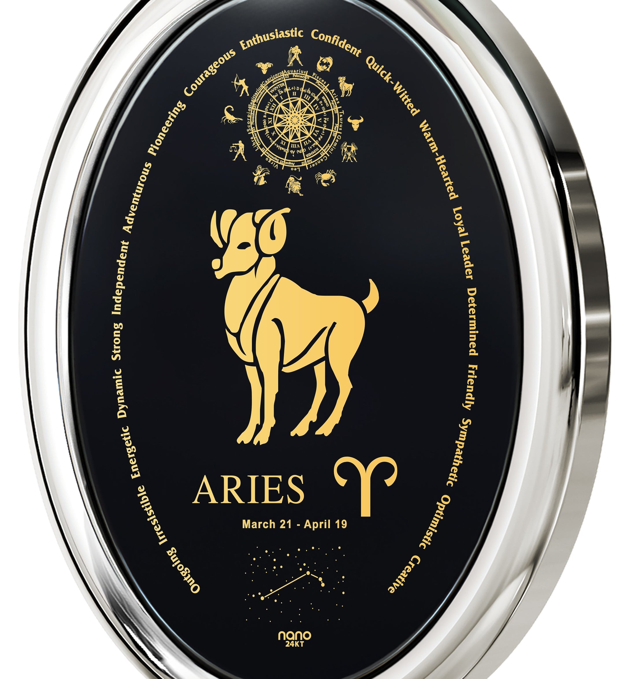 Round decorative pendant featuring the Aries Necklace Zodiac Pendant 24k Gold Inscribed on Onyx Stone with a golden ram, astrological symbol, and traits on a black onyx background surrounded by a silver frame.