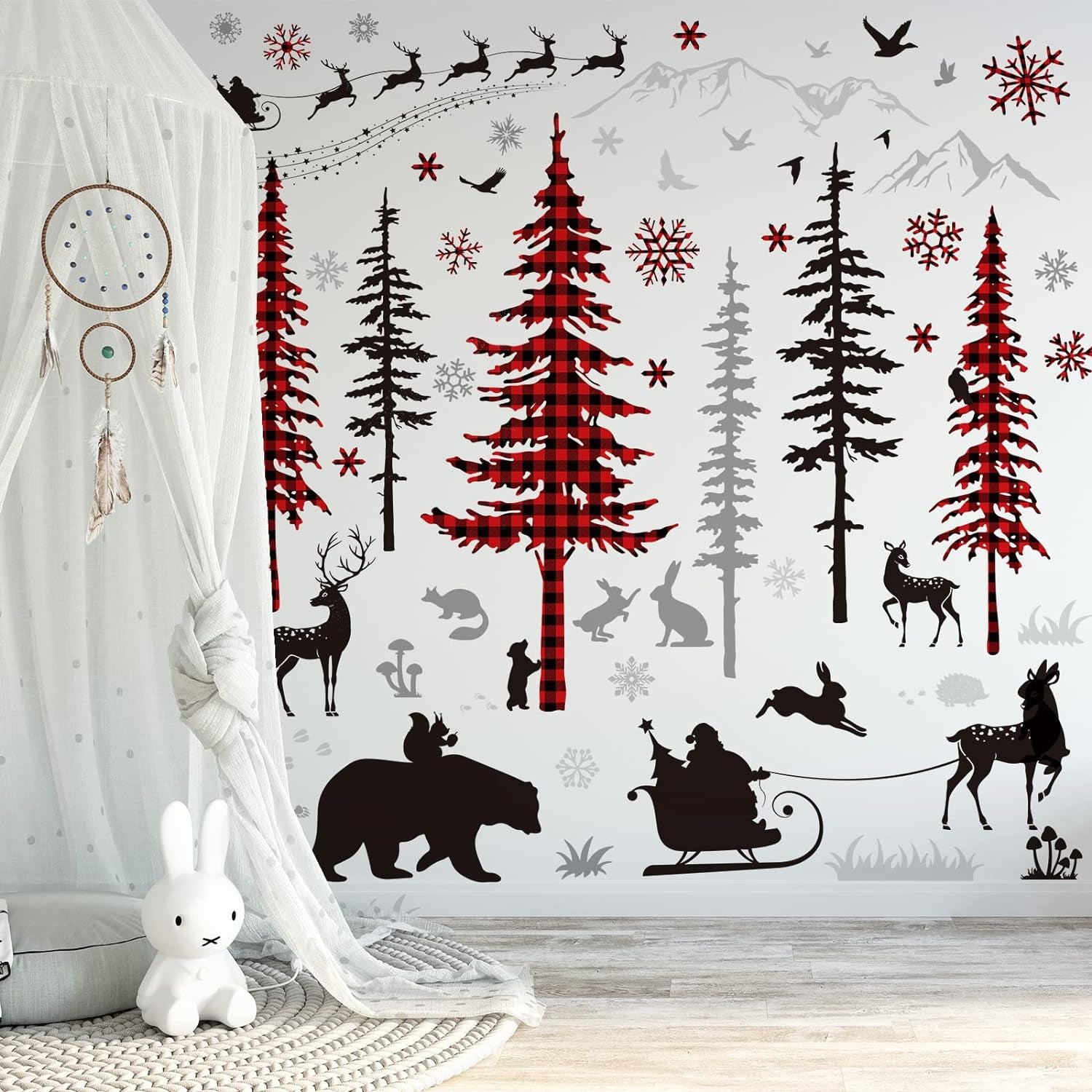 Christmas Wall Stickers Roll Red Black Plaid Xmas Tree Wall Floor Decor Forests Animals Prints Waterproof Art Wallpaper Winter Scenes Double Side Window Decals for Xmas DIY Home Party Decor