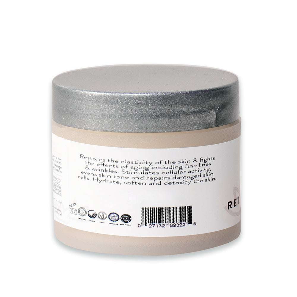 A jar of Organic Retinol Cream 5% - Nightly Skin Brightener for sensitive skin with a detailed label including usage instructions and ingredients.