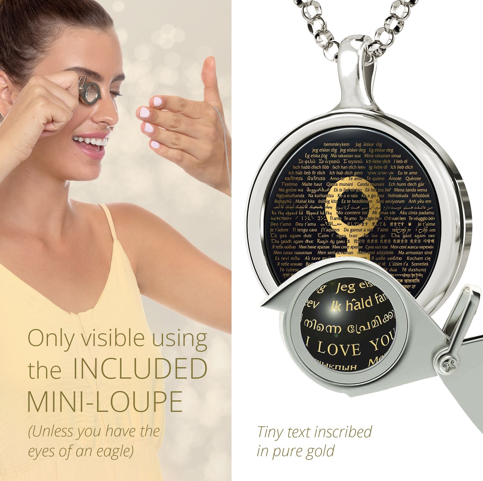 Circular "Loving Women Are from Venus Necklace 120 Languages I Love You Pendant" with engraved text centered and names in various languages, symbolizing global unity and peace, as well as a unique gift idea.