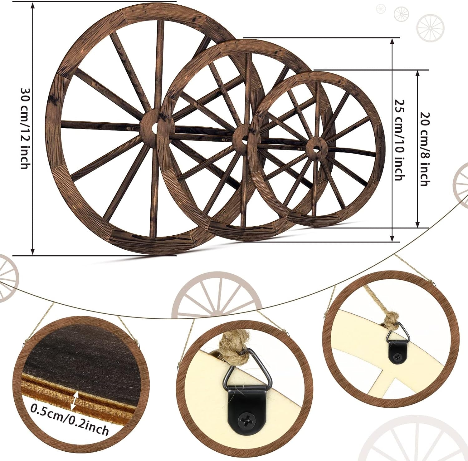 3 Pcs Wooden Wagon Wheel Decor 12/10/8 Inch Old Western Western Wall Decor Farmhouse Wagon Wheels Rustic Yard Wall Art Decor Hanging Decorative Wheels for Garden Home Bar Garage (Dark Brown)