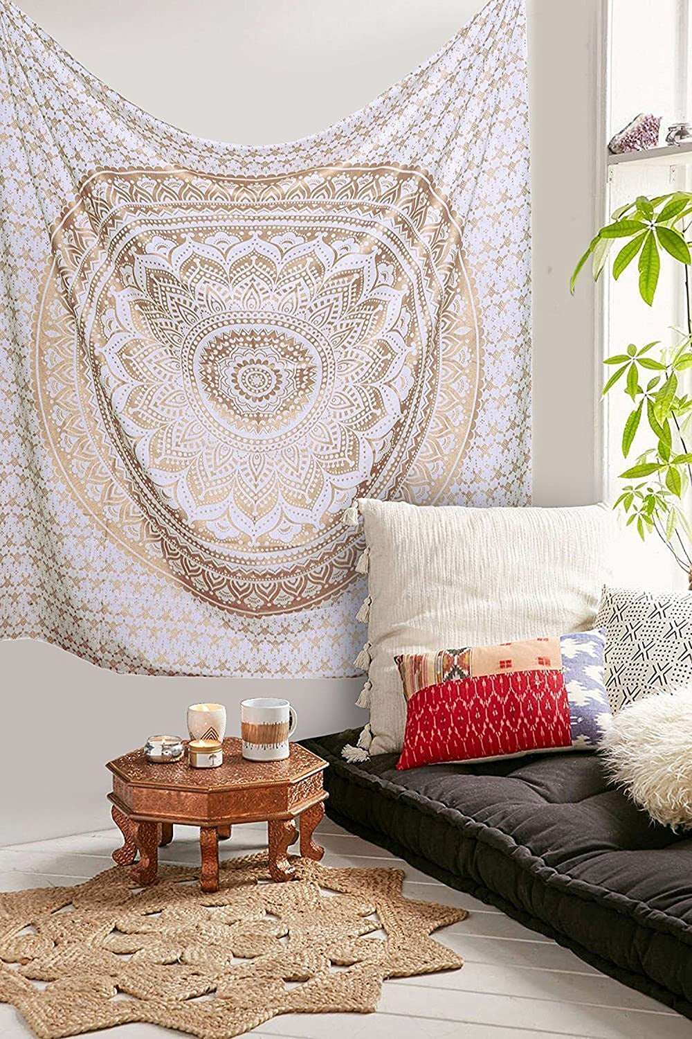 Top Selling Original Gold Mandala Ombre Tapestry Wall Hanging, Boho Bohemian Hippie Tapestries/Indian Cotton Dorm Decor Golden Twin Bedspread/Meditation Yoga Mat Rug 52X60 Inches