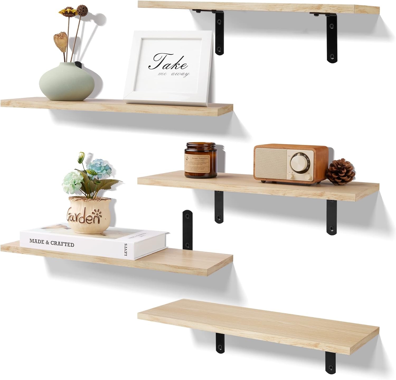Floating Shelves for Wall Decor Storage, Dark Brown Wall Mounted Shelves Set of 5, Sturdy Small Wood Shelves Hanging for Bedroom, Living Room, Bathroom, Kitchen, Corner, Book
