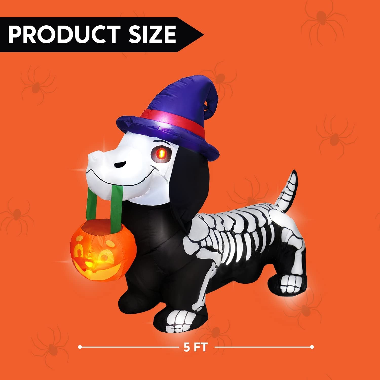 Joiedomi 5 FT Long Halloween Inflatable Skeleton Wiener Dog Inflatable Yard Decoration with Build-In Leds Blow up Inflatables Pumpkin for Halloween Party Indoor, Outdoor, Yard, Garden, Lawn Decoration