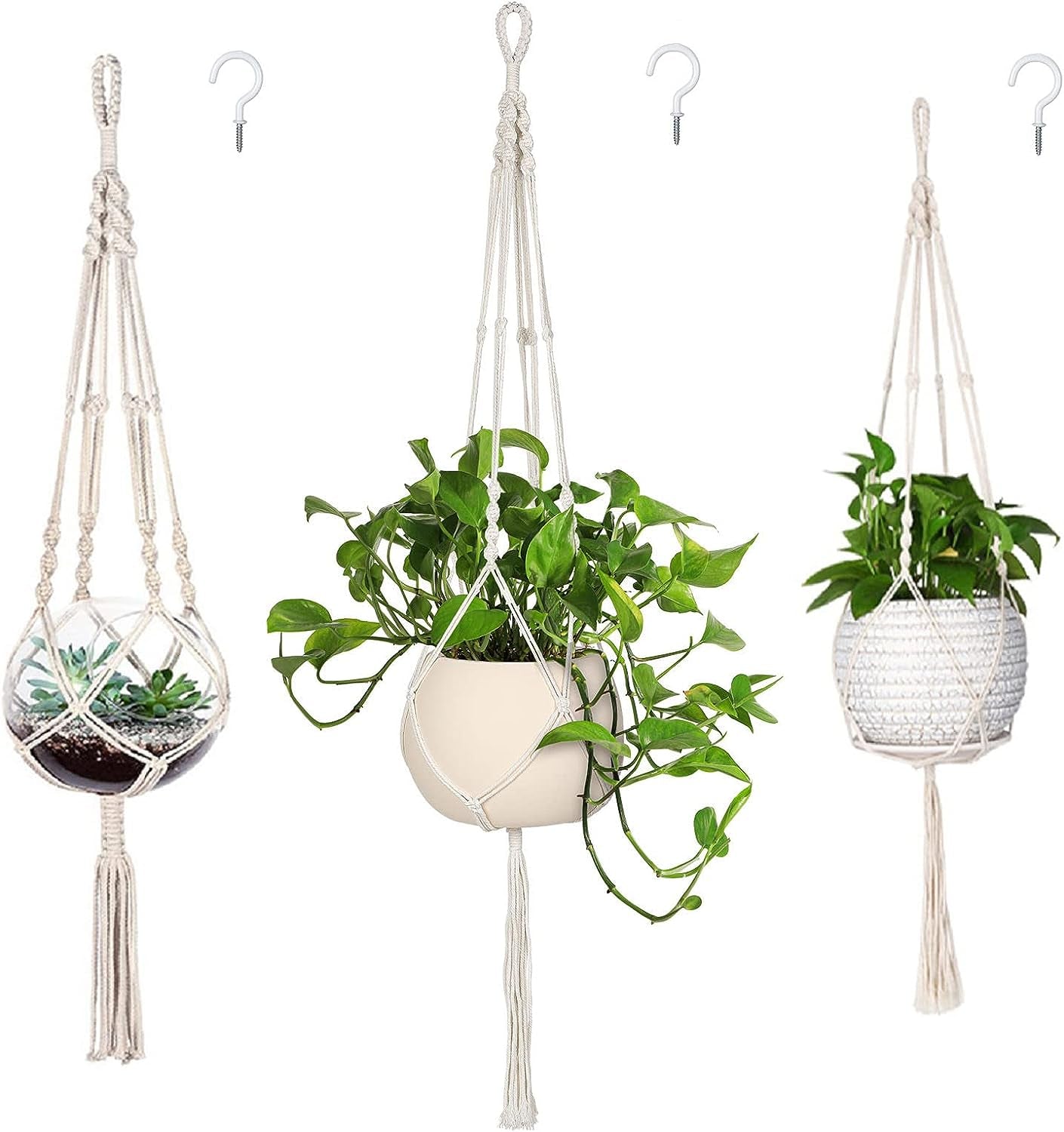 3 Pack Macrame Plant Hanger Indoor Hanging Planter for Plants Holder with 3 Hooks, Different Size for Boho Home Decor,Ivory