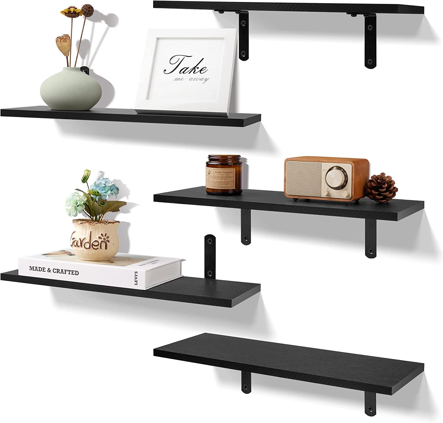 Floating Shelves for Wall Decor Storage, Dark Brown Wall Mounted Shelves Set of 5, Sturdy Small Wood Shelves Hanging for Bedroom, Living Room, Bathroom, Kitchen, Corner, Book