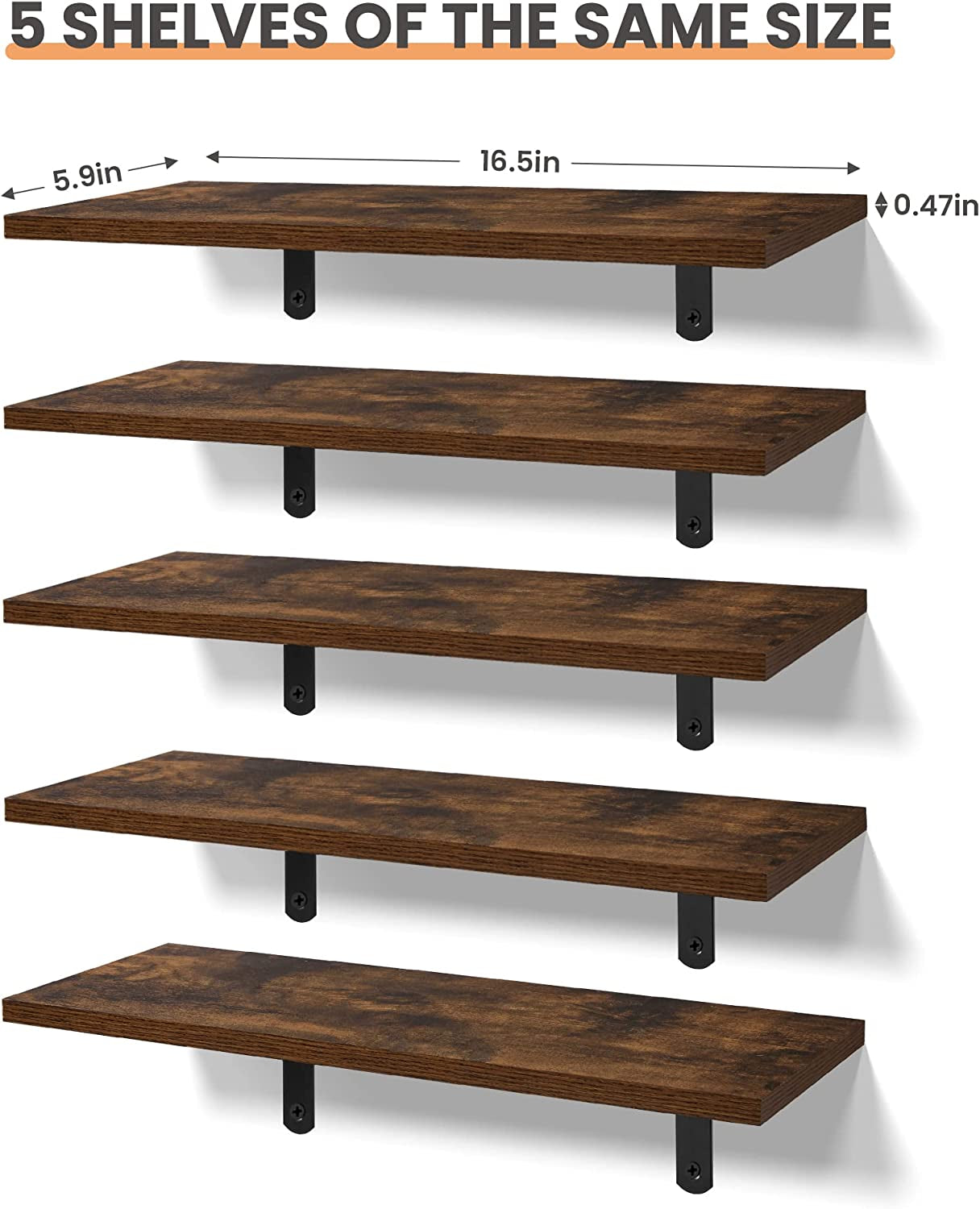 Floating Shelves for Wall Decor Storage, Dark Brown Wall Mounted Shelves Set of 5, Sturdy Small Wood Shelves Hanging for Bedroom, Living Room, Bathroom, Kitchen, Corner, Book