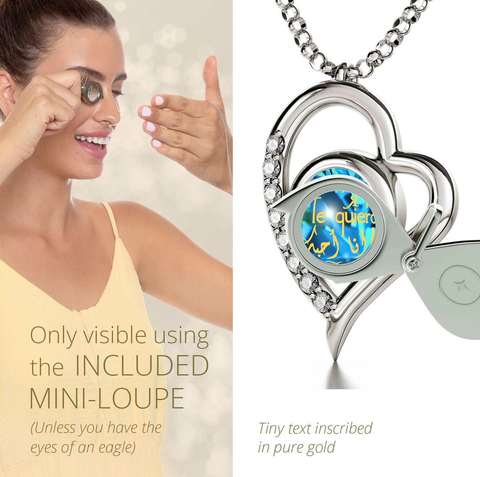 Close-up of a 925 Sterling Silver I Love You Heart Pendant Necklace with a blue gemstone inscribed with "i love you" in multiple languages, perfect as an anniversary gift.