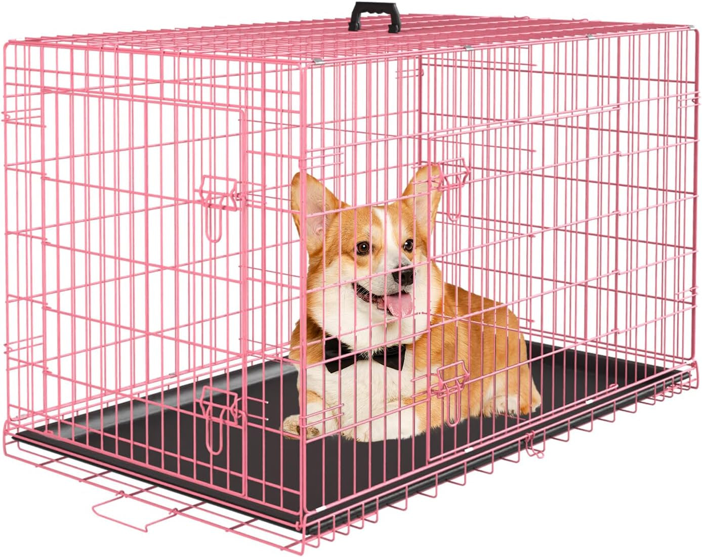 Large Dog Crate Kennel for Medium Large Dogs Metal Dog Cage Double-Door Folding Travel Indoor Outdoor Puppy Playpen with Divider and Handle Plastic Tray (42 Inch, Black)