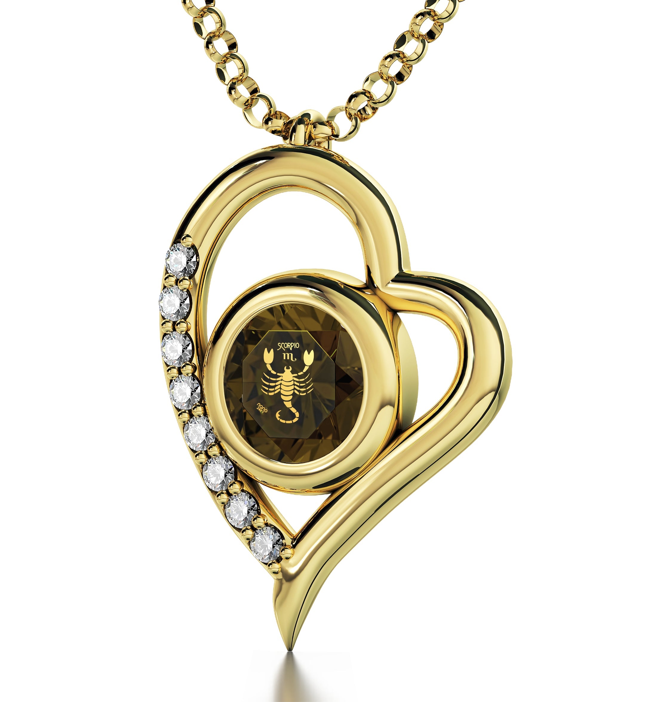 Gold Plated Silver Scorpio Necklace Zodiac Heart Pendant with Swarovski Crystals, on a gold chain, bearing inscriptions on a small attached tag.