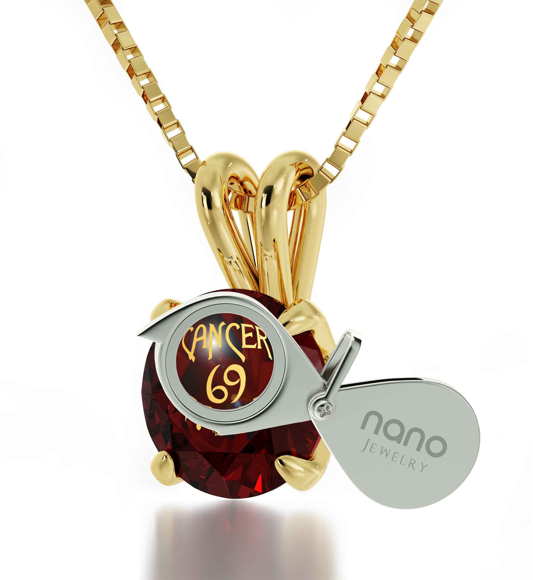 Gold Plated Silver Cancer Necklace Zodiac Pendant with 24k Gold inscribed on Crystal and an attached "nano jewelry" tag on a gold chain.