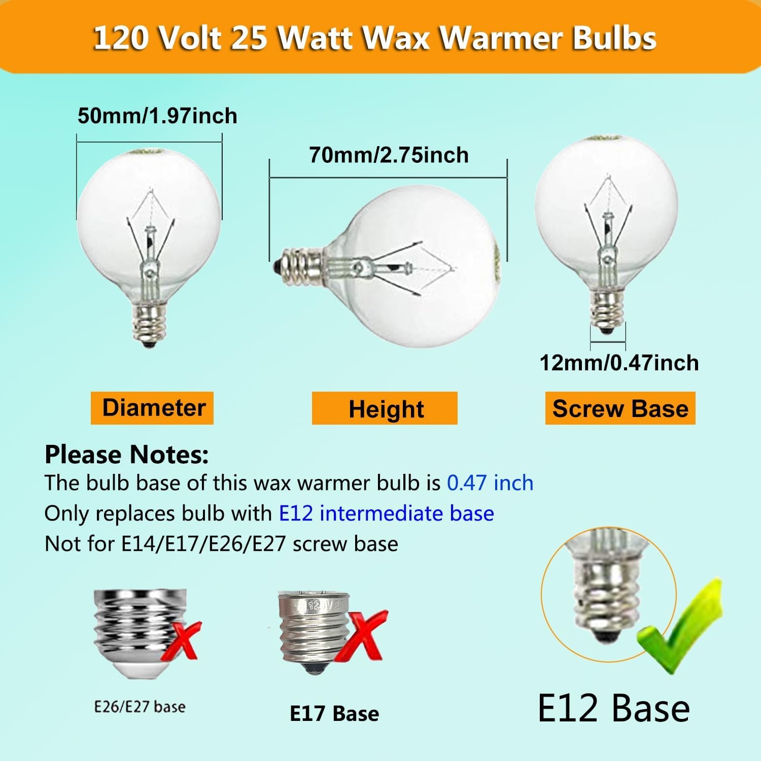 Wax Warmer Bulbs,G50 25 Watt Light Bulbs for Wax Warmer & Full Size Scentsy Warmer,G16.5 Globe Candelabra E12 Base Incandescent Clear Light Bulbs for Wax Warmer,Dimmable,2700K Warm White,6 Pack