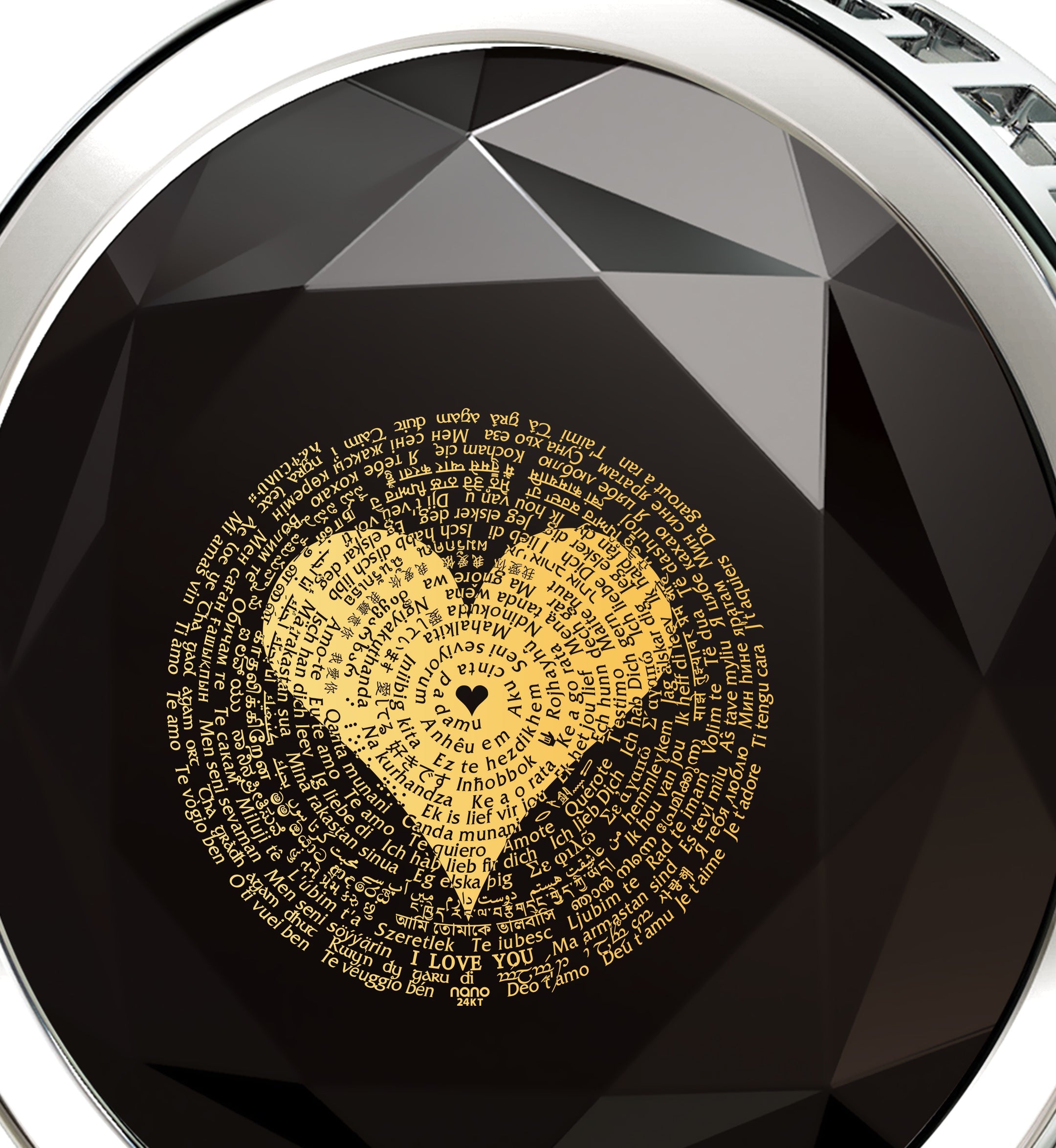 Close-up of a pin with a multifaceted 925 Sterling Silver I Love You Necklace 24k Gold Inscribed 120 Languages pendant design featuring a central heart made of word art within a circular frame.