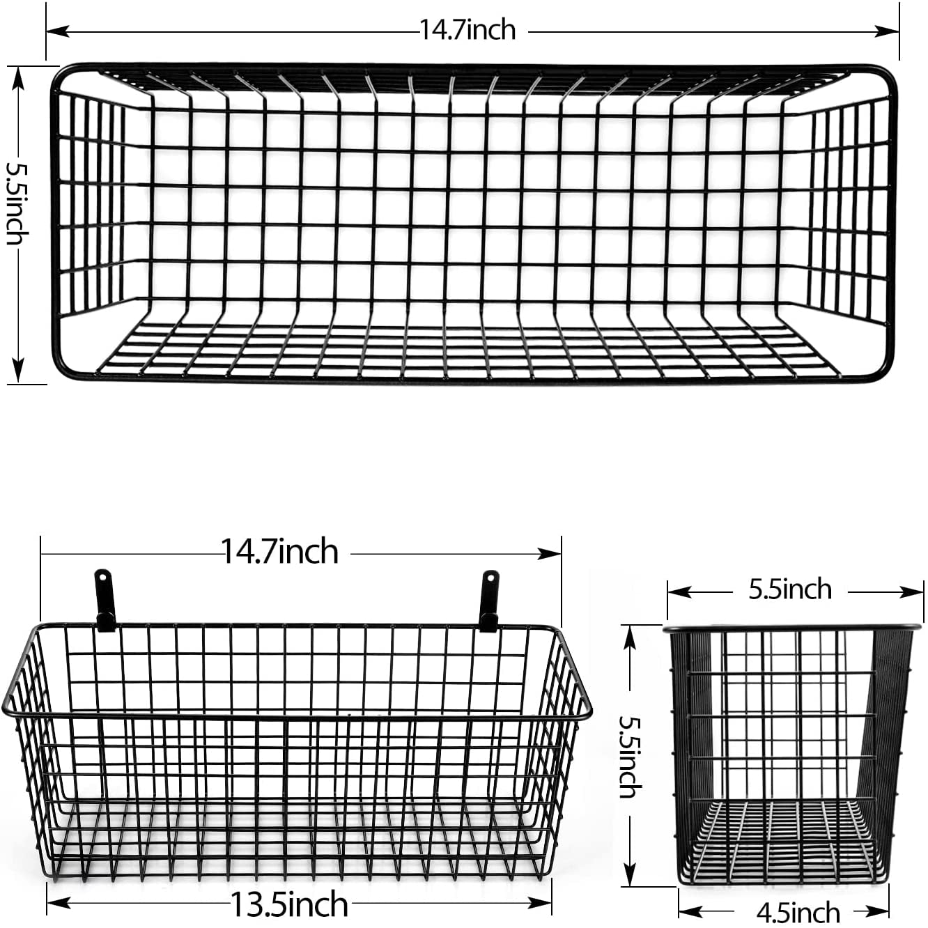 4 Set [Extra Large] Hanging Wall Basket for Storage, Wall Mount Sturdy Steel Wire Baskets, Metal Hang Cabinet Bin Wall Shelves, Rustic Farmhouse Decor, Kitchen Bathroom Organizer, Black