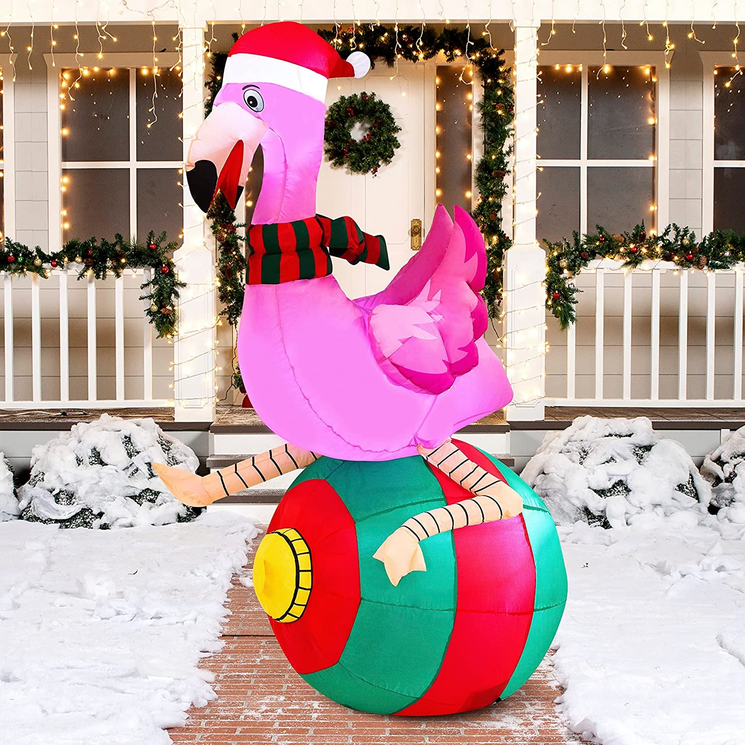 6 Ft Christmas Inflatable Flamingo on Ornament Decorations, Blow up Inflatables with Build-In Leds for Christmas Party Indoor, Outdoor, Yard, Garden, Lawn Décor, Holiday Season