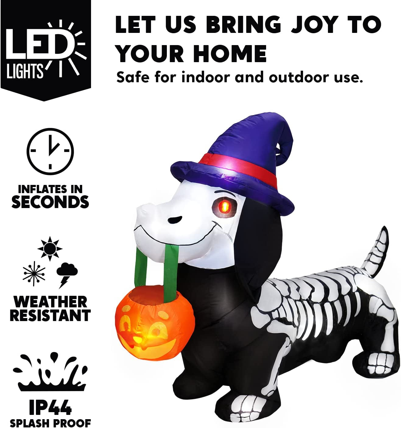 Joiedomi 5 FT Long Halloween Inflatable Skeleton Wiener Dog Inflatable Yard Decoration with Build-In Leds Blow up Inflatables Pumpkin for Halloween Party Indoor, Outdoor, Yard, Garden, Lawn Decoration