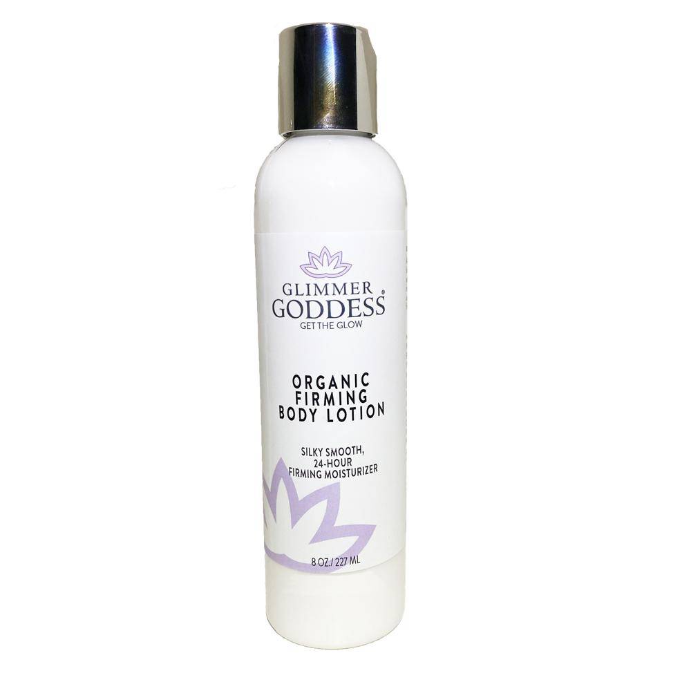 A white bottle of Glimmer Goddess Organic Firming Body Lotion with purple accents, displaying Glimmer Goddess Organic Firming Body Lotion details and highlighting its collagen production on the label.