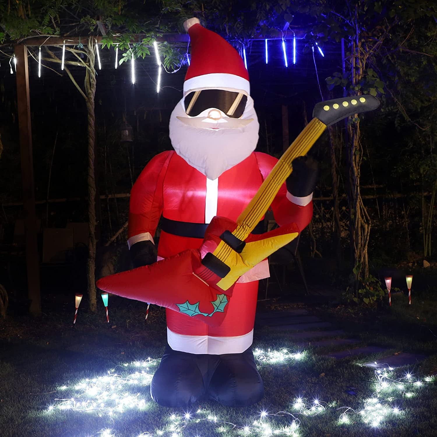 7 FT Christmas Inflatable Santa Claus with Bass Guitar, Blow up Santa Wearing Sunglasses, Unique Lighted Xmas Decorations for Indoor Outdoor Yard Garden Lawn Holiday Party Decor