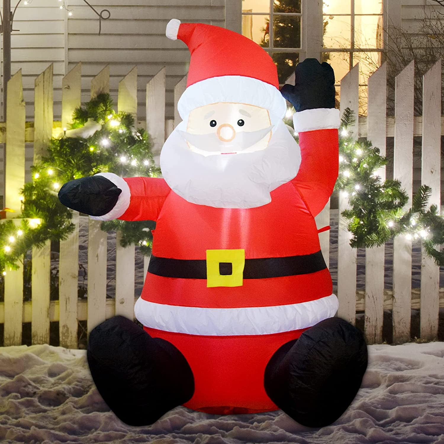 4 FT Christmas Inflatable Santa Claus with Built-In LED Light, Light up Santa Sitting Raising Hand Outdoor Christmas Decoration, Blow up Yard Decoration for Xmas Garden Lawn Party Yard