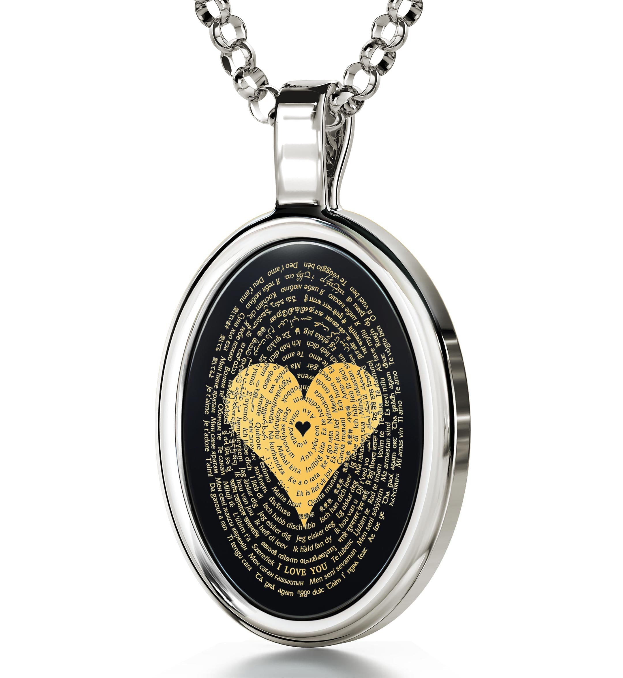 Circular artwork with "i love you" written in multiple languages forming a heart shape, set against a black background and enclosed in an I Love You Necklace Onyx Pendant 24k Gold Inscribed in 120 Languages.