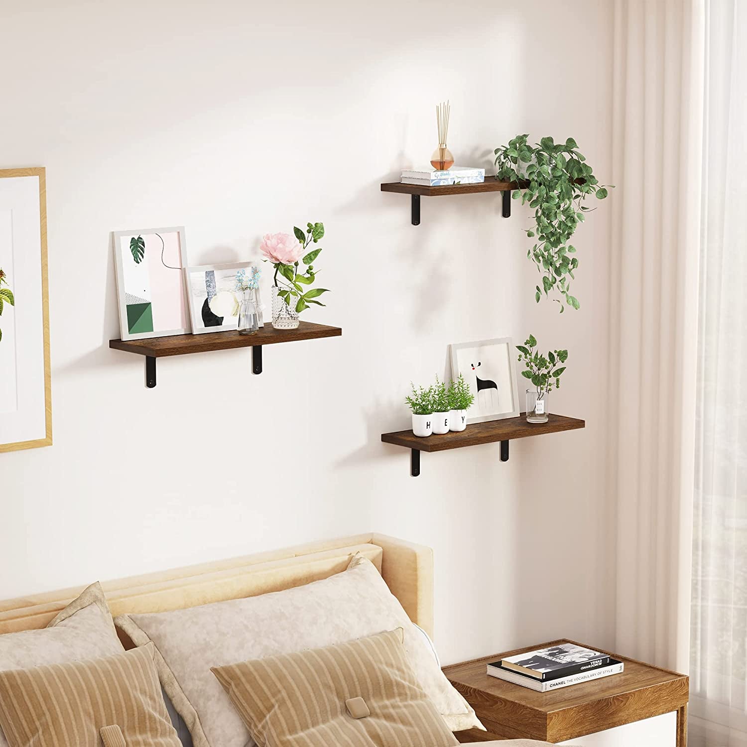 Floating Shelves for Wall Decor Storage, Dark Brown Wall Mounted Shelves Set of 5, Sturdy Small Wood Shelves Hanging for Bedroom, Living Room, Bathroom, Kitchen, Corner, Book