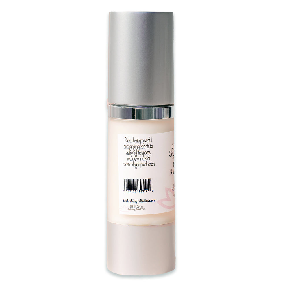 A bottle of Organic Niacinamide Anti Aging Serum - Tightens Pores, Reduces Wrinkles on a white background.