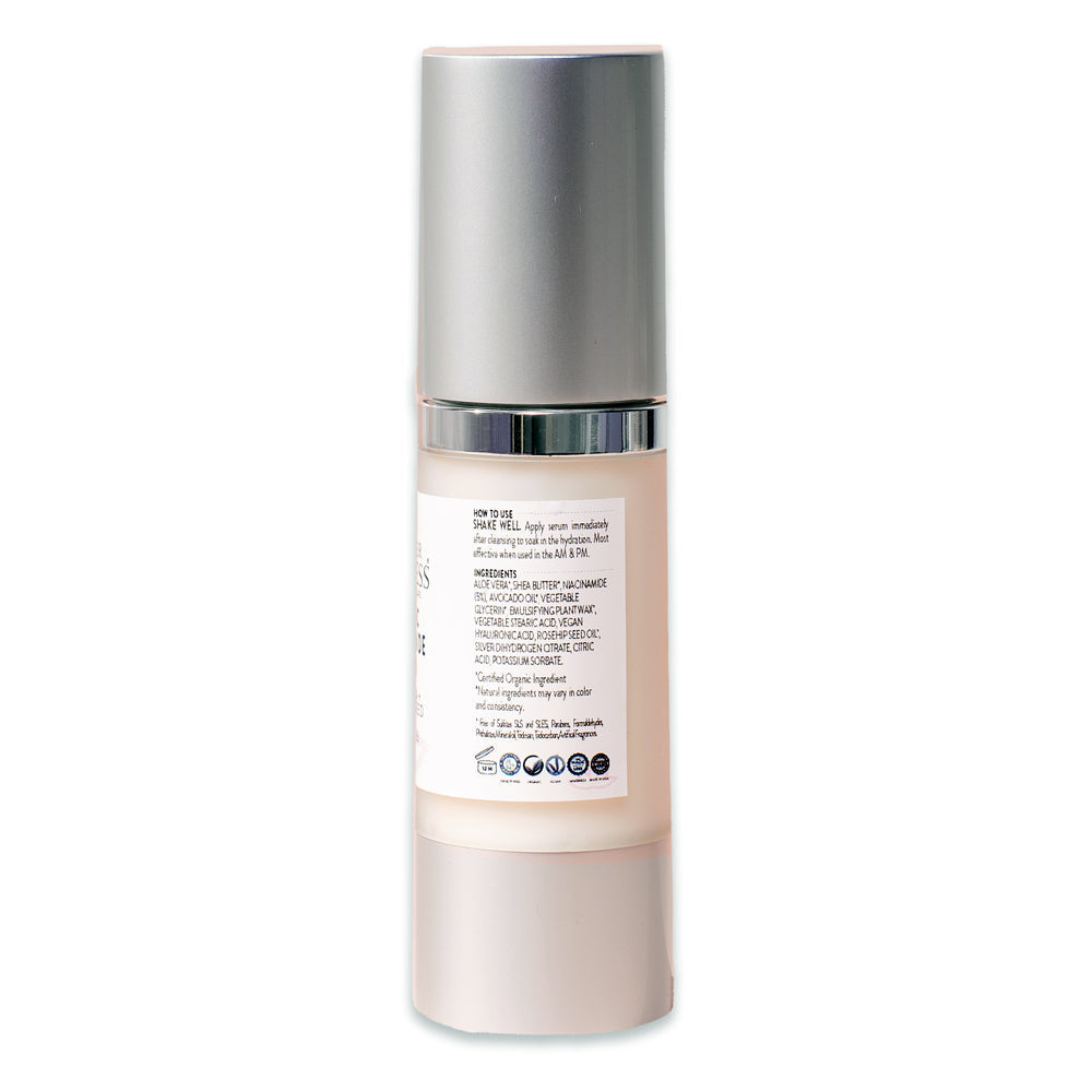 A bottle of Organic Niacinamide Anti Aging Serum - Tightens Pores, Reduces Wrinkles on a white background.
