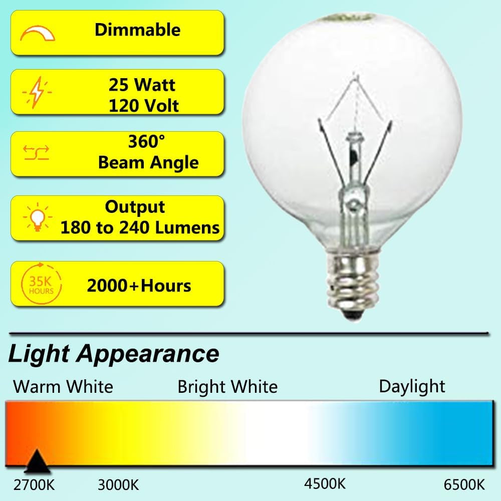 Wax Warmer Bulbs,G50 25 Watt Light Bulbs for Wax Warmer & Full Size Scentsy Warmer,G16.5 Globe Candelabra E12 Base Incandescent Clear Light Bulbs for Wax Warmer,Dimmable,2700K Warm White,6 Pack