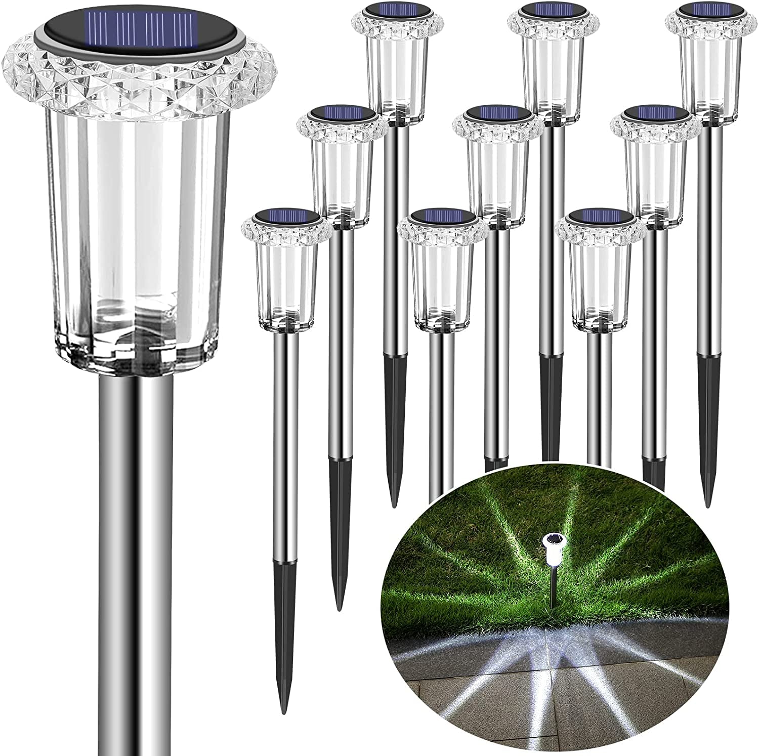 Solar Outdoor Lights, 10 Pack Waterproof Stainless Steel Solar Stake Lights for Pathway Garden Yard Path Walkway Driveway Lawn Decor - Cool White