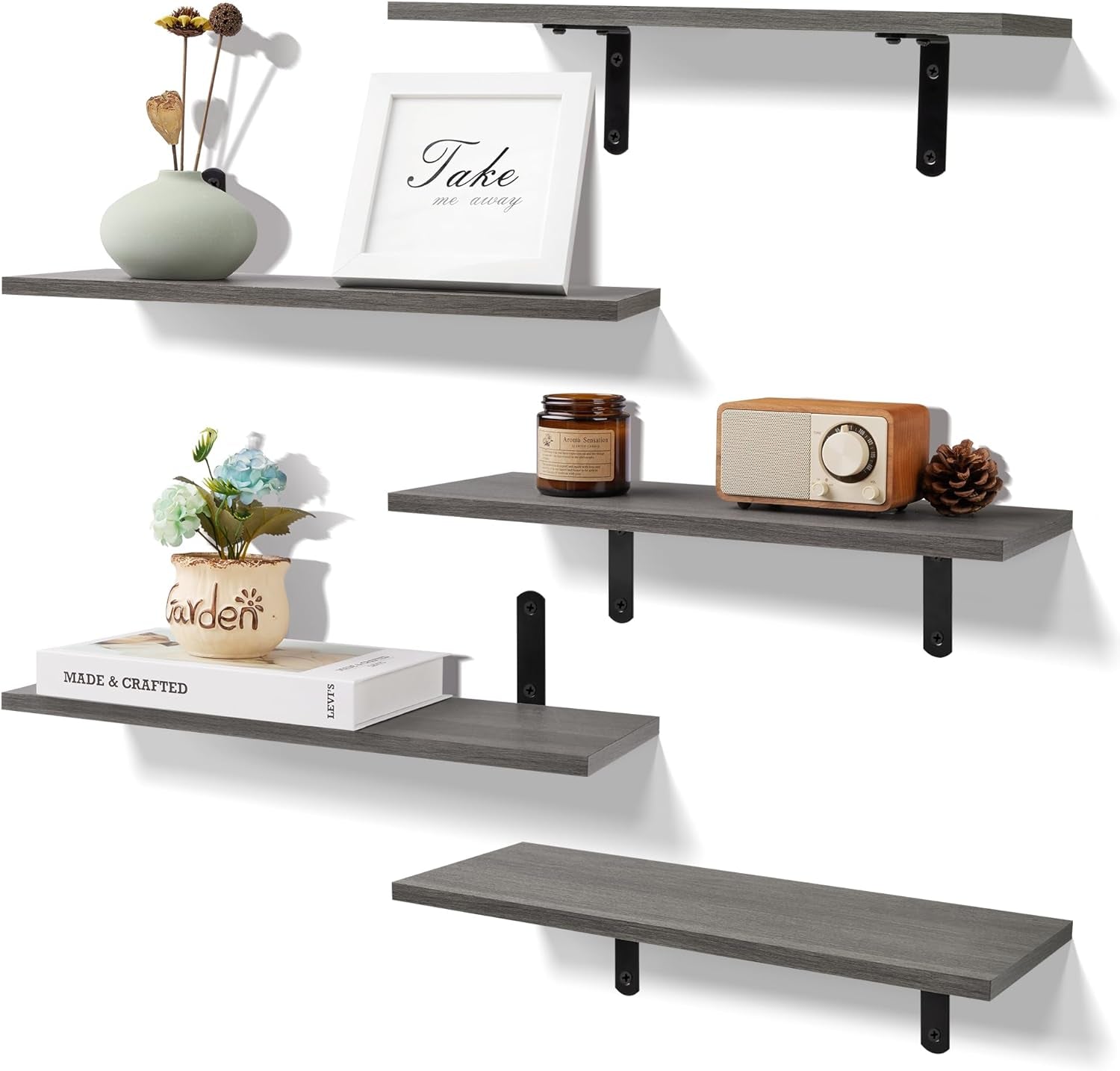 Floating Shelves for Wall Decor Storage, Dark Brown Wall Mounted Shelves Set of 5, Sturdy Small Wood Shelves Hanging for Bedroom, Living Room, Bathroom, Kitchen, Corner, Book
