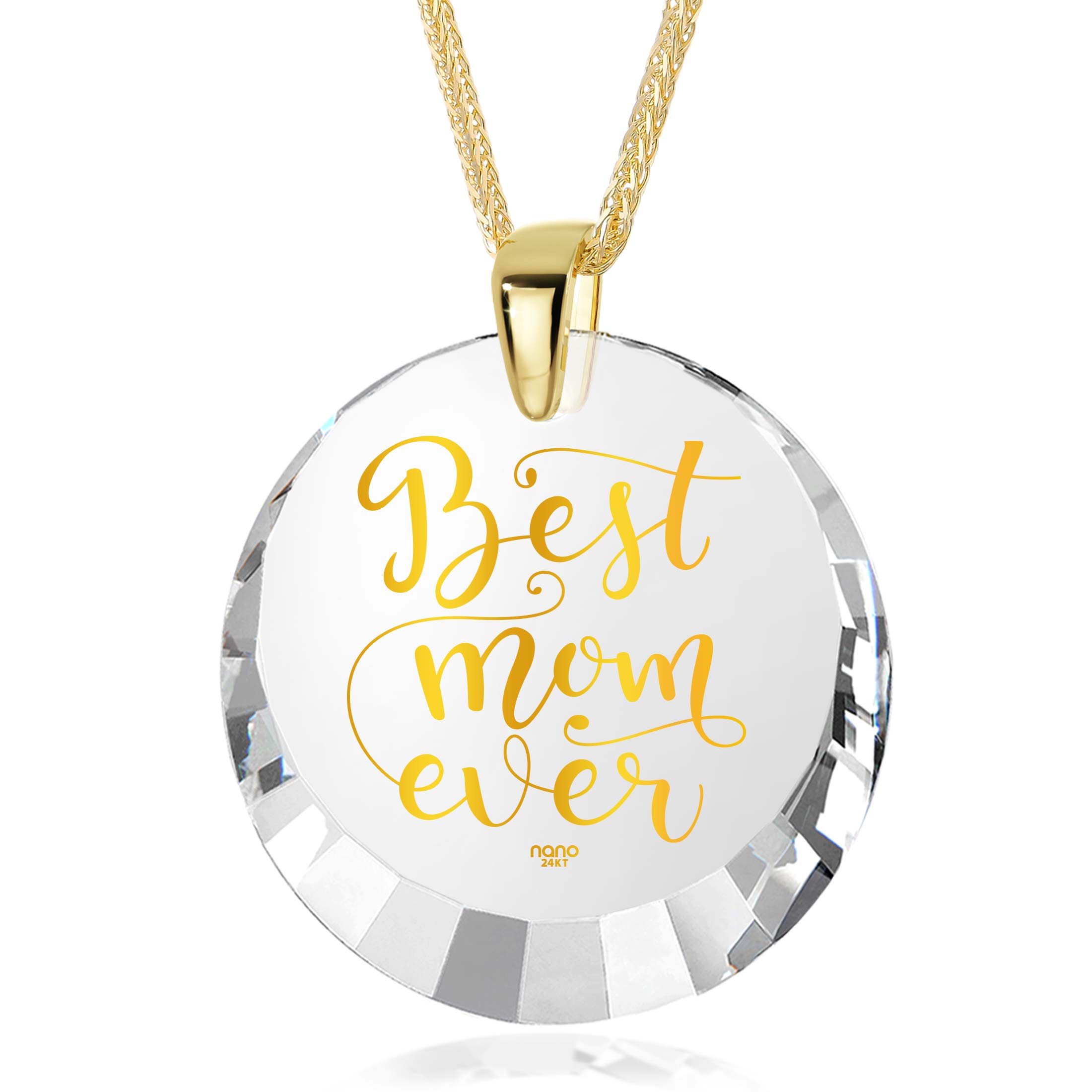 Sterling silver and gold pendant necklace with inscribed black disk reading "Best Mom Gold Plated Silver Necklace 24k Gold Inscribed - Mother's Birthday Gift" and a small gray tag marked "nano".