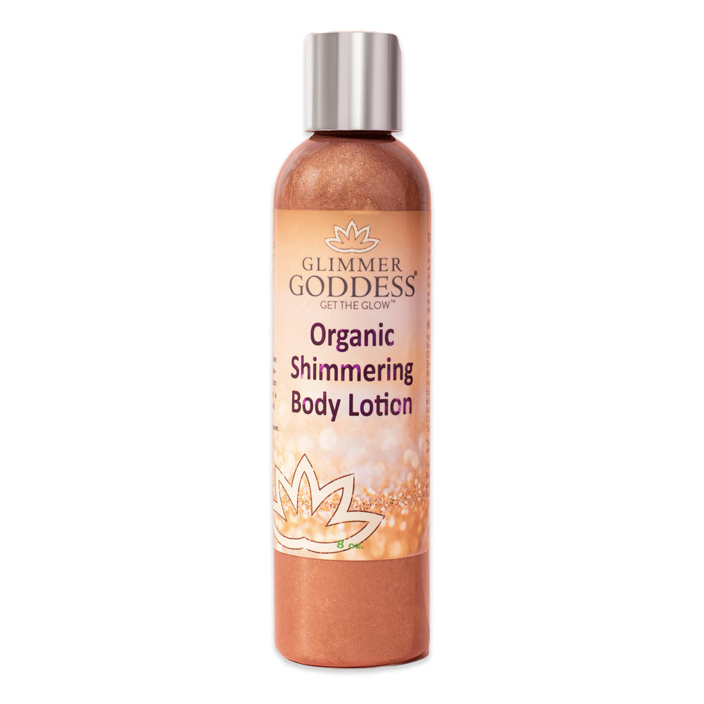 Bottle of Organic Bronze Shimmer Body Lotion on a white background.