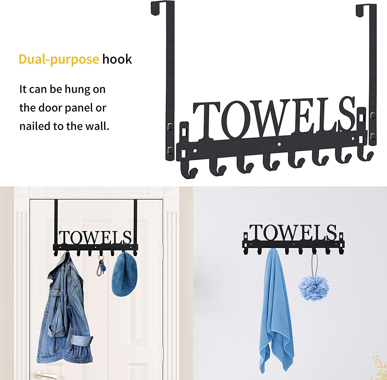 Over the Door Hooks, Towel Holder for Bathroom, Mount Rack Hooks Bathroom Kitchen Pool Beach Towels Bathrobe Wall Hanger Metal Sandblasted (Black)