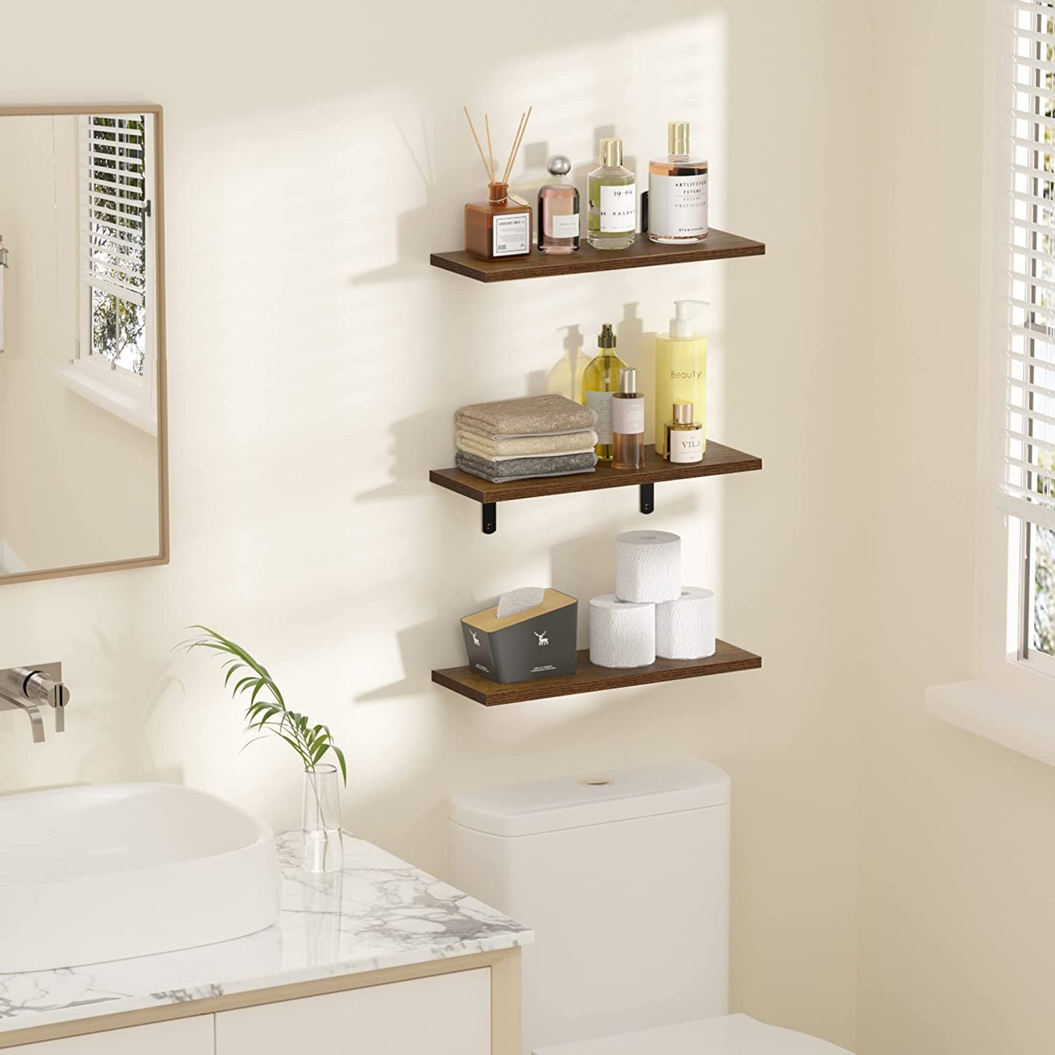 Floating Shelves for Wall Decor Storage, Dark Brown Wall Mounted Shelves Set of 5, Sturdy Small Wood Shelves Hanging for Bedroom, Living Room, Bathroom, Kitchen, Corner, Book