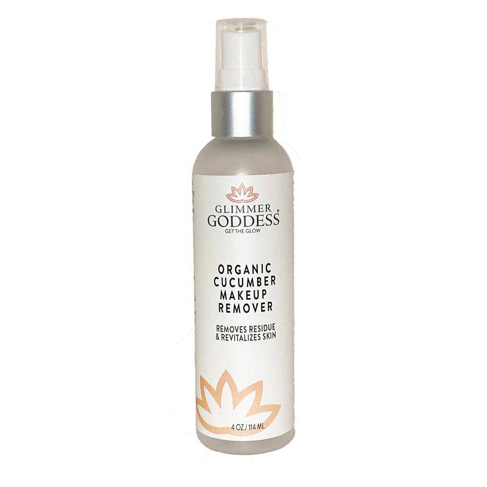 A bottle of Organic Cucumber Makeup Remover- Remove Makeup with No Oily Residue with a spray nozzle, labeled as revitalizing skin, boosting collagen and elastin production, and removing residue.