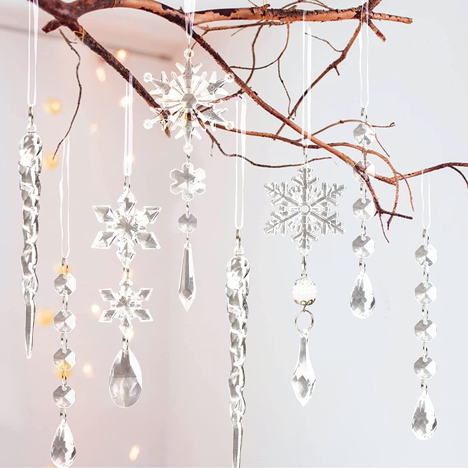 18Pcs Christmas Tree Decoration Crystal Ornaments - Hanging Acrylic Christmas Snowflake Icicle Drop Crystal Ornaments for Christmas Tree Winter New Year Party Supplies