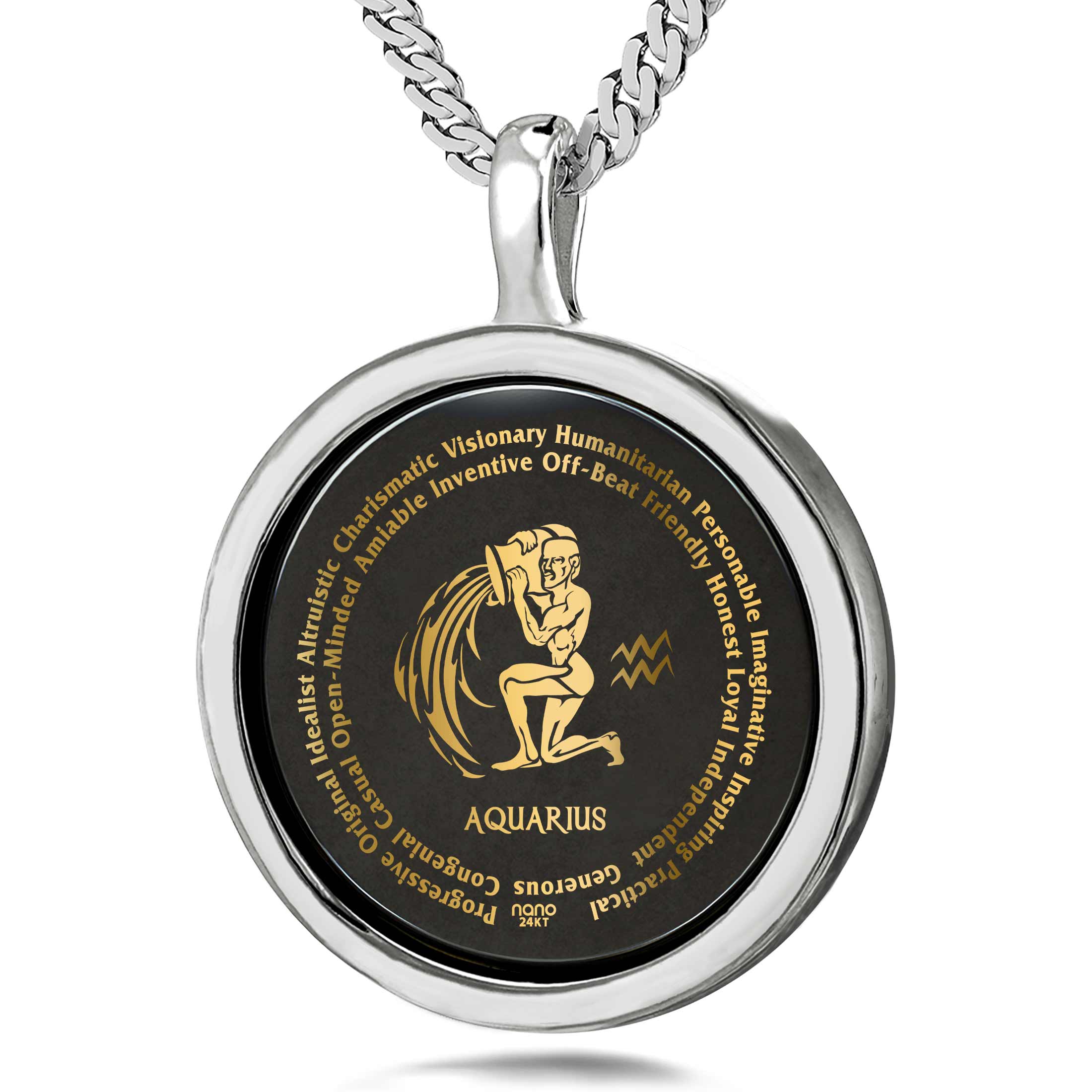 Circular Aquarius necklace featuring the Aquarius Necklaces for Lovers of the Zodiac with descriptive text and an emblem, hanging from a silver chain, accompanied by a tag.