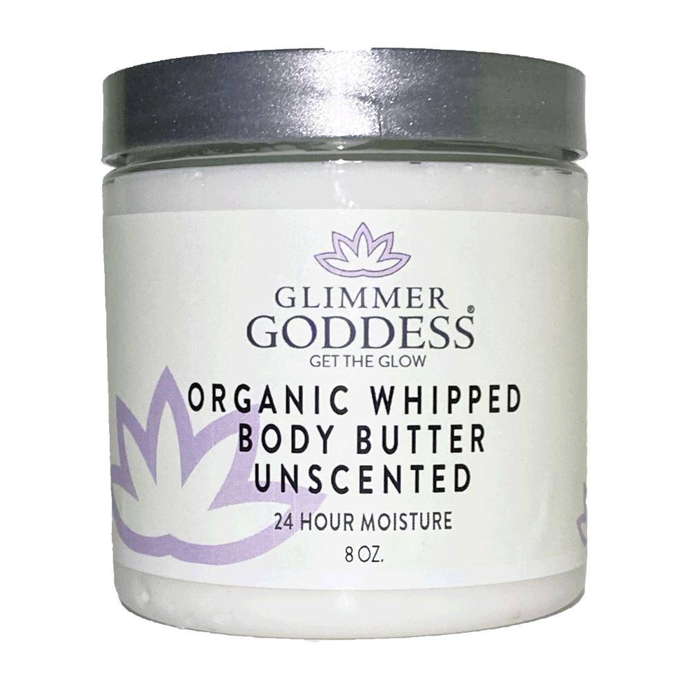 Label design for Organic Unscented Whipped Body Butter with product information, ingredients, and logo.